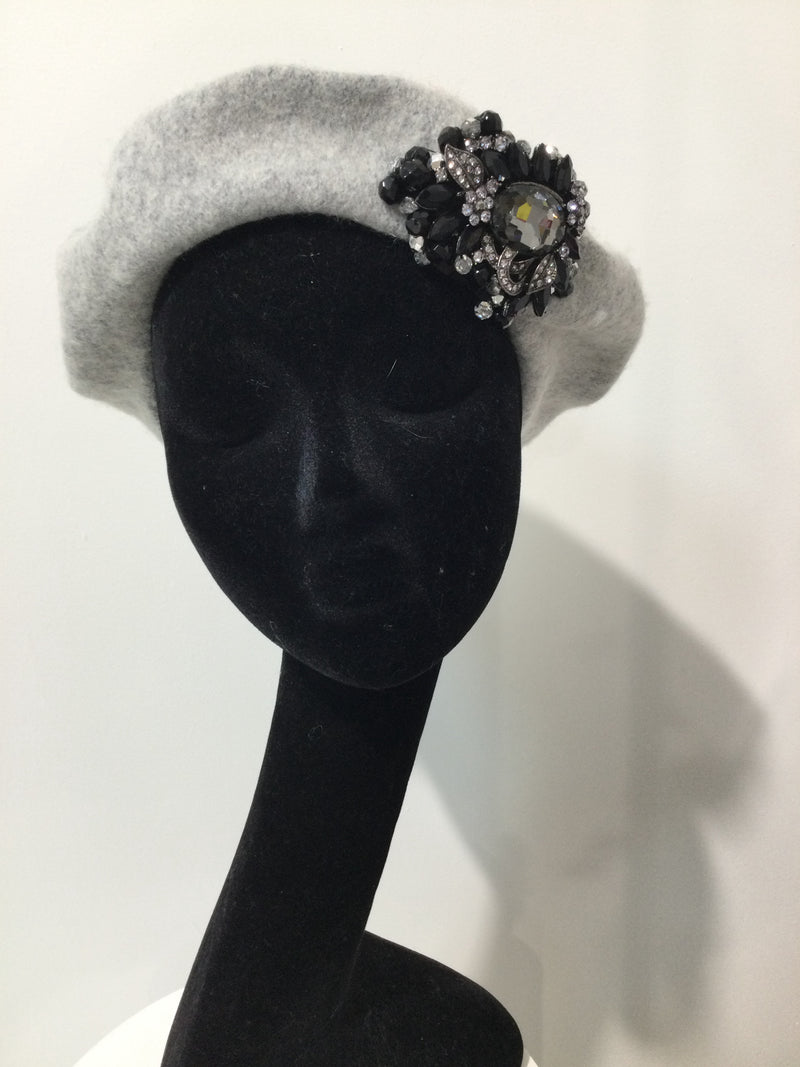 Grey Beret with Black Crystals