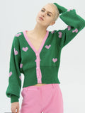 Green Cardigan with Pink Hearts