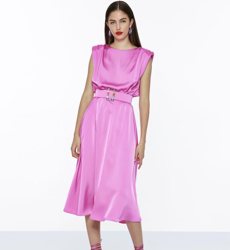 Midi sleeveless dress with belt in pink