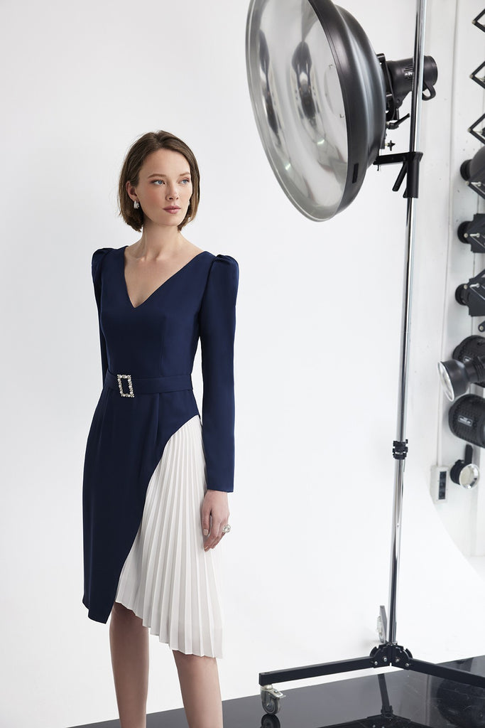 Navy Dress with Ivory Pleated Insert