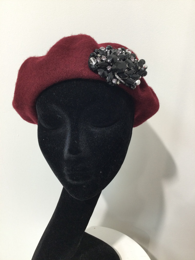 Maroon Beret with Black & Pewter Crystals