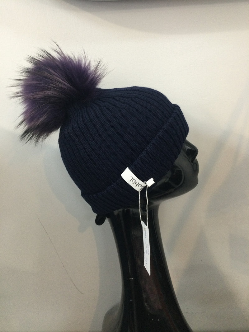 Navy hat with purple bobbl