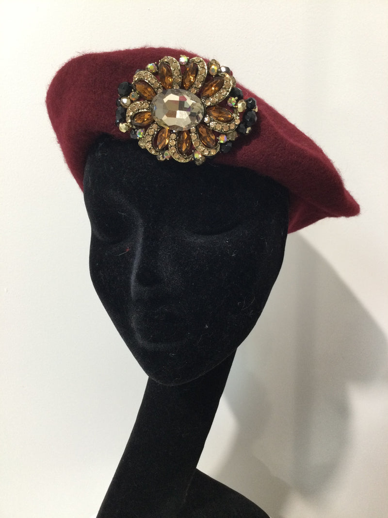Maroon Beret with Amber Crystals