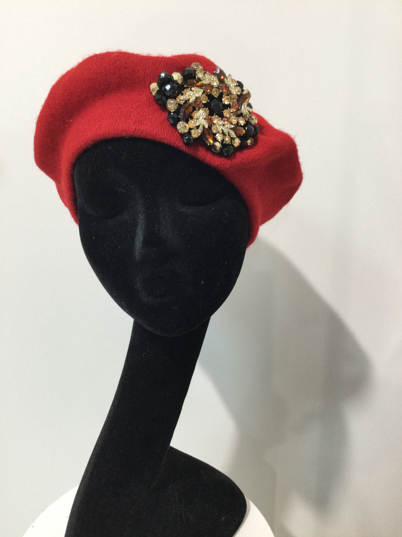 Red Beret with Black & Amber Crystals