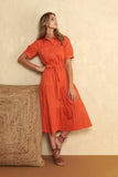 Burnt Orange Dress with Baloon Sleeves and Flounces