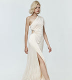 One-shoulder maxi dress with rhinestoned waist opening
