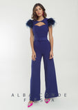 Navy Jumpsuit with Feather Trim