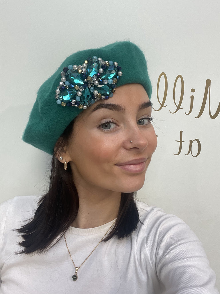 Turquoise Beret with Green and Blue multi coloured brooch