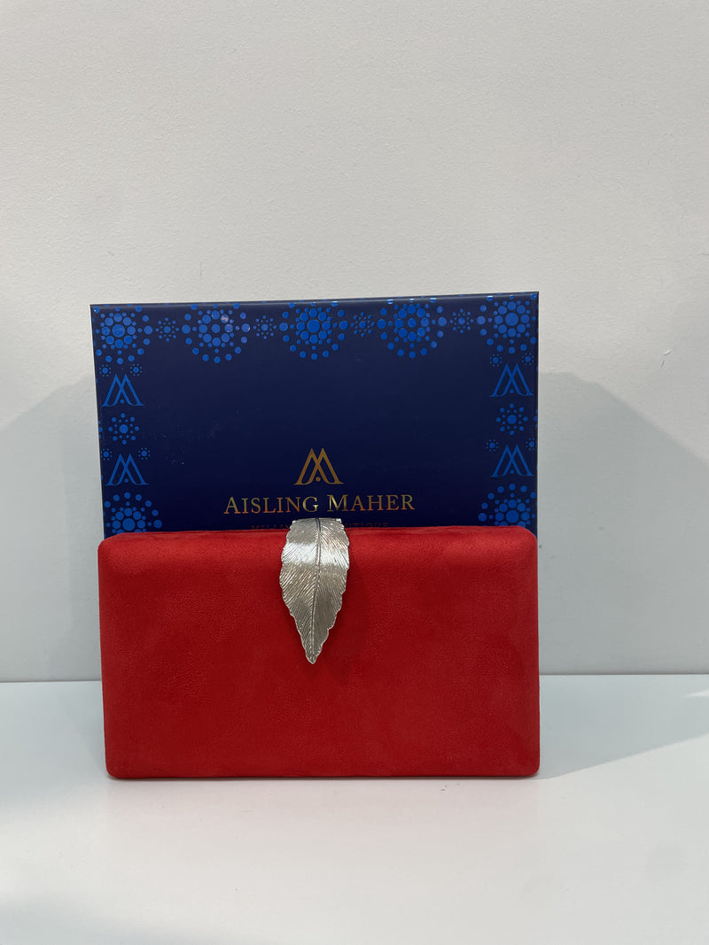 Red Suede Clutch with Leaf Clasp