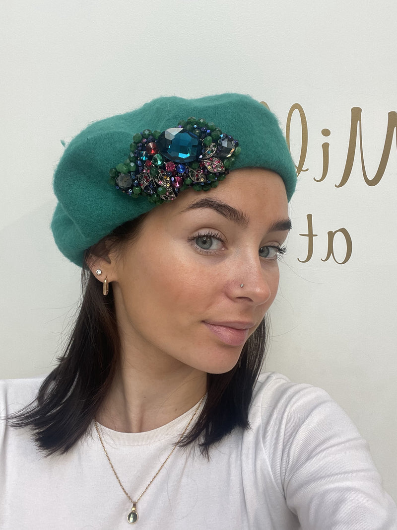 Green Beret with Multi Brooch