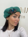 Green Beret with Multi Brooch