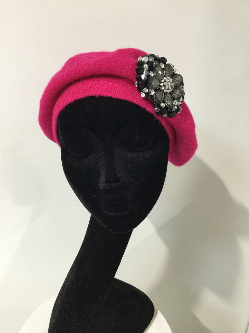 Hot Pink Beret with Crystal Flower