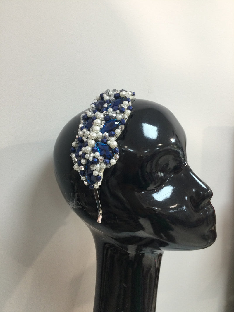 Midnight Blue, silver and pearl large plumeria