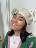 Cream Beret with Pearl and Diamanté Brooch