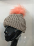 Taupe hat with coral Bobbl