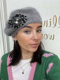 Grey Beret with Midnight Blue and Black Brooch