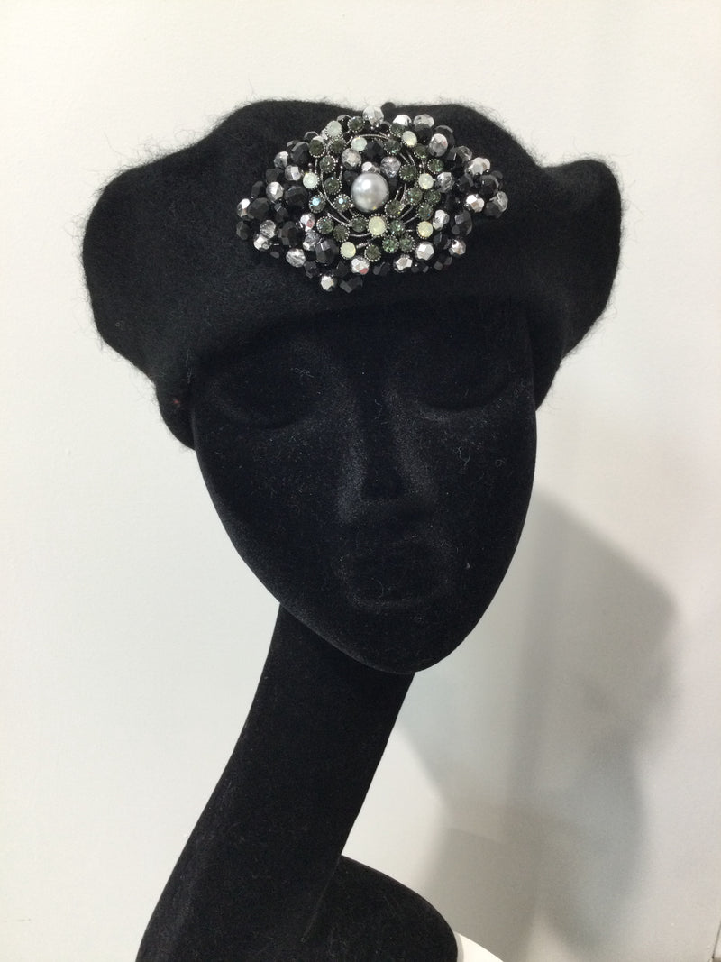 Black Beret with Grey, Pewter & Black Crystals