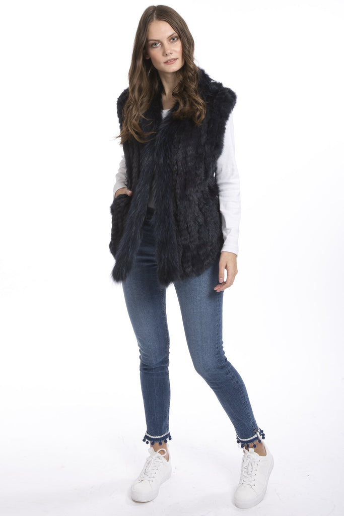 Navy Fox and Coney Fur Gilet With Collar Feature