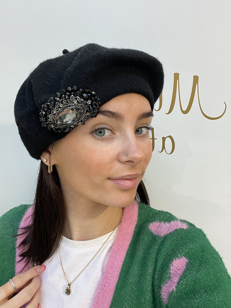 Black Beret with Black Brooch