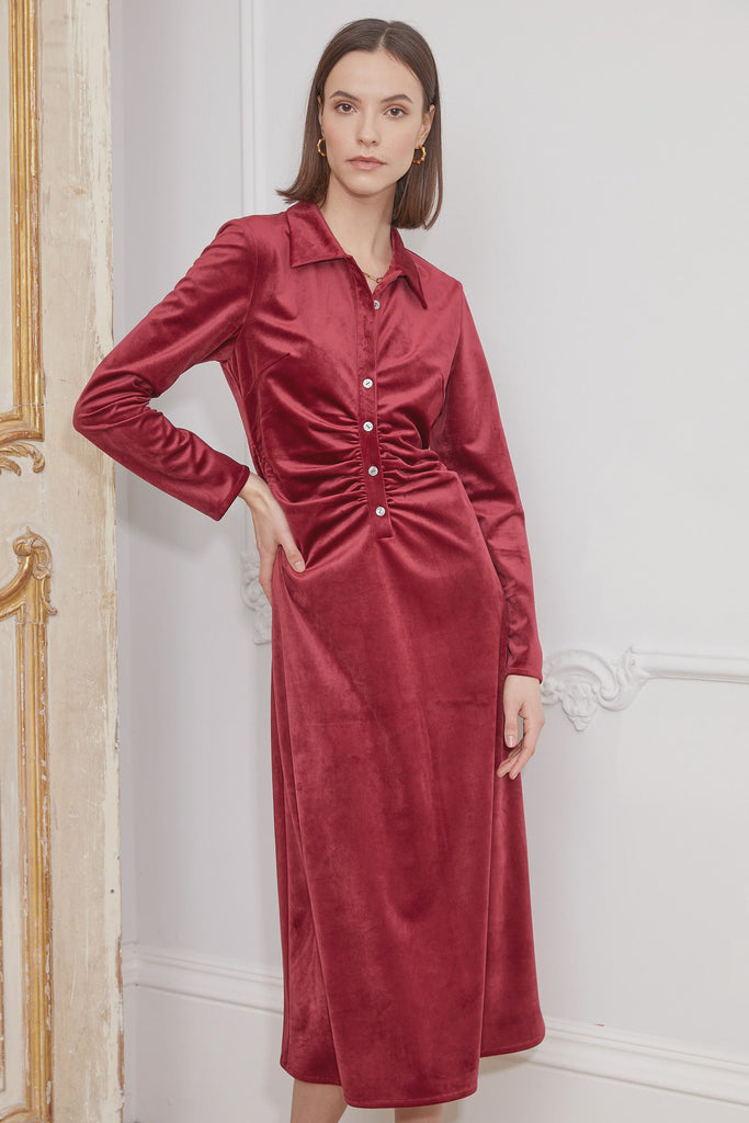 Carmen velvet shirt dress with ruching
