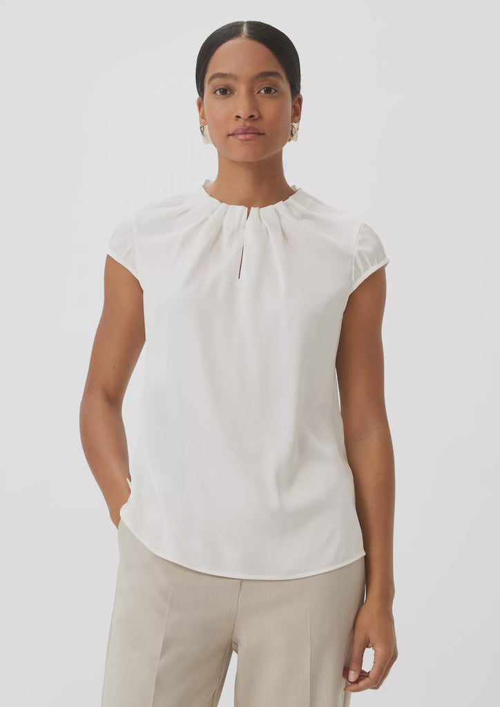 Basic satin top with gathered neckline in white