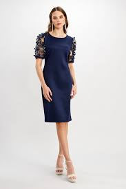 Navy dress with floral chiffon sleeve