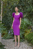Pencil skirt dress with ruffle sleeves in fuschia