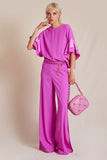 Magenta blouse with satin contrast frill sleeves