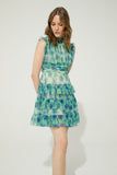 Mini dress in green and blue mesh with ruffles