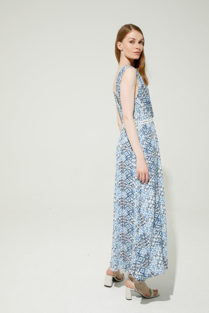 Summer dress in blues and white with rivet detail