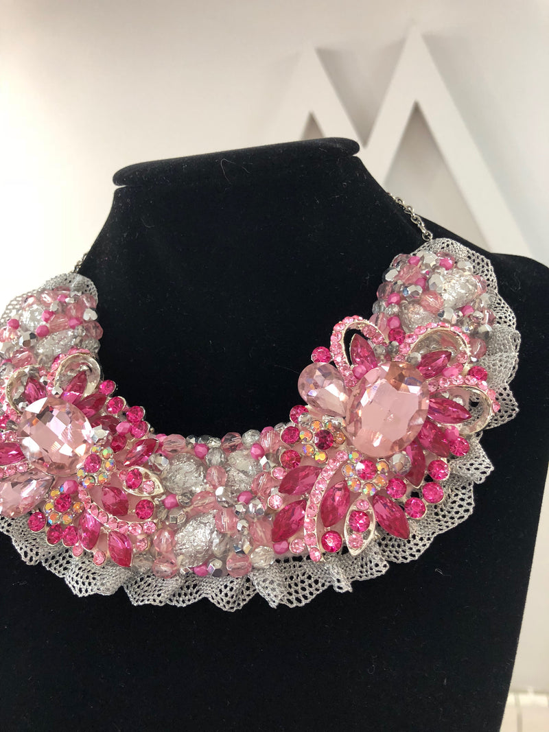 Small Collar - Pink & Silver with Silver Lace
