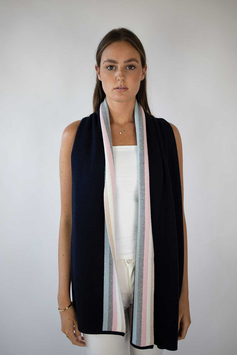 Navy Scarf with Multicoloured Trim
