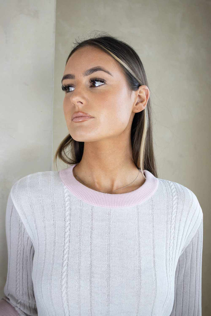 Bluebell Sweater in Ivory Taupe with Accents of Lemon and Pale Pink