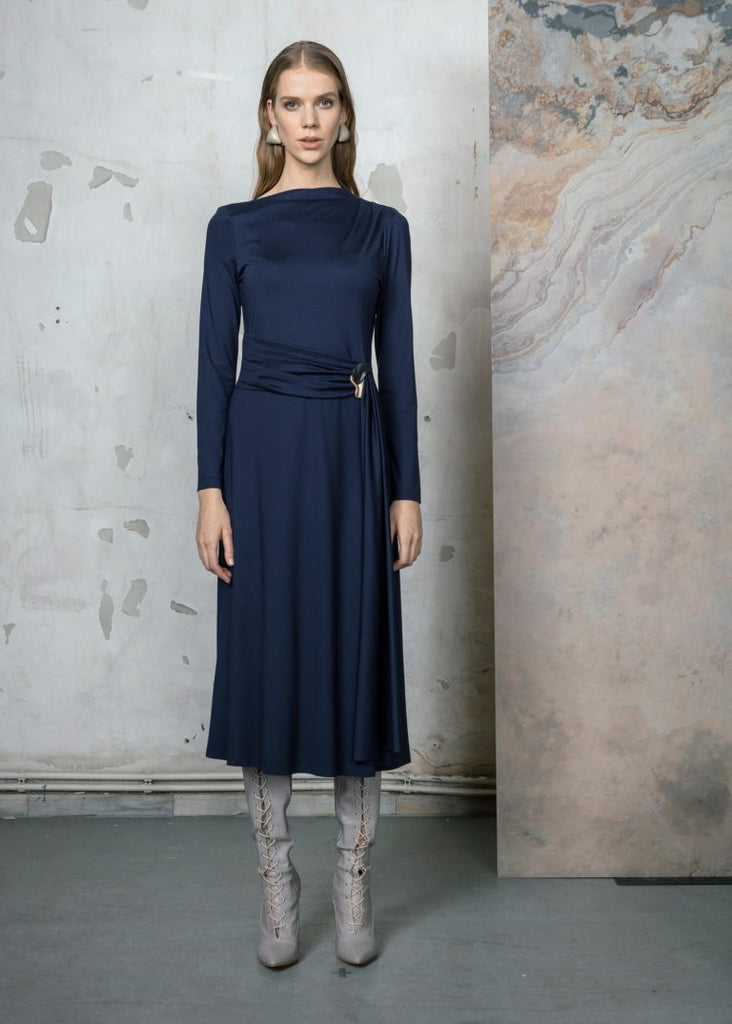 Navy Jersey Dress with Funnel Neck and Ruched Belt