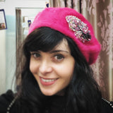 Aisling Maher Pink Angora Beret with Pink Silver and Gold Iris Embellishment