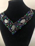 V Collar in Black with Green Blue and Burgundy Crystals