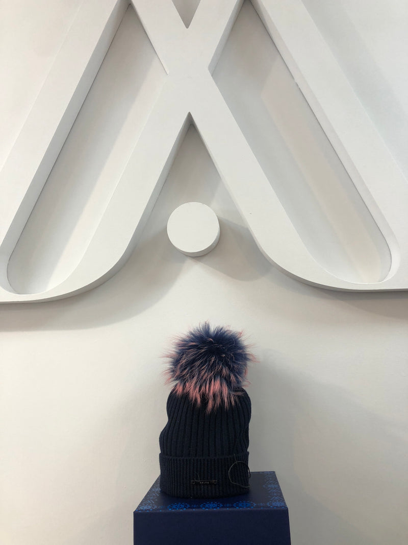 Navy Merino Hat with Navy and Pink Pom Pom