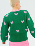 Green Cardigan with Pink Hearts