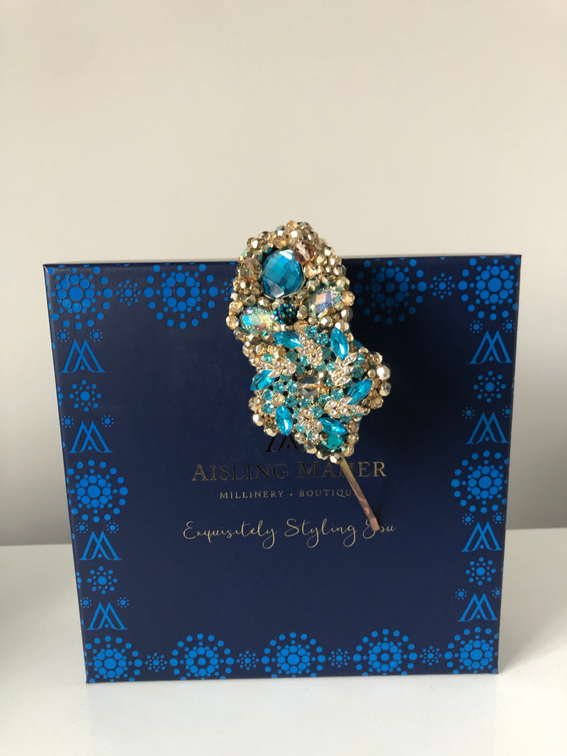 Plumeria Headpiece in Turquoise and Gold Crystals