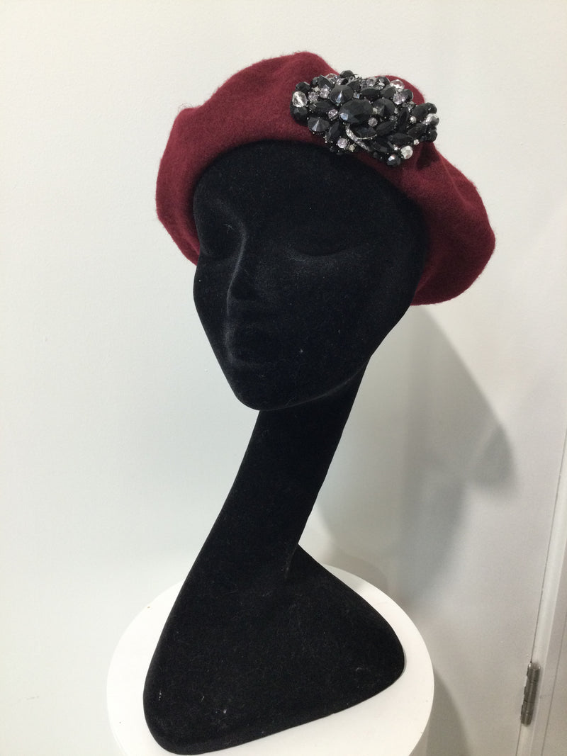 Maroon Beret with Black & Pewter Crystals