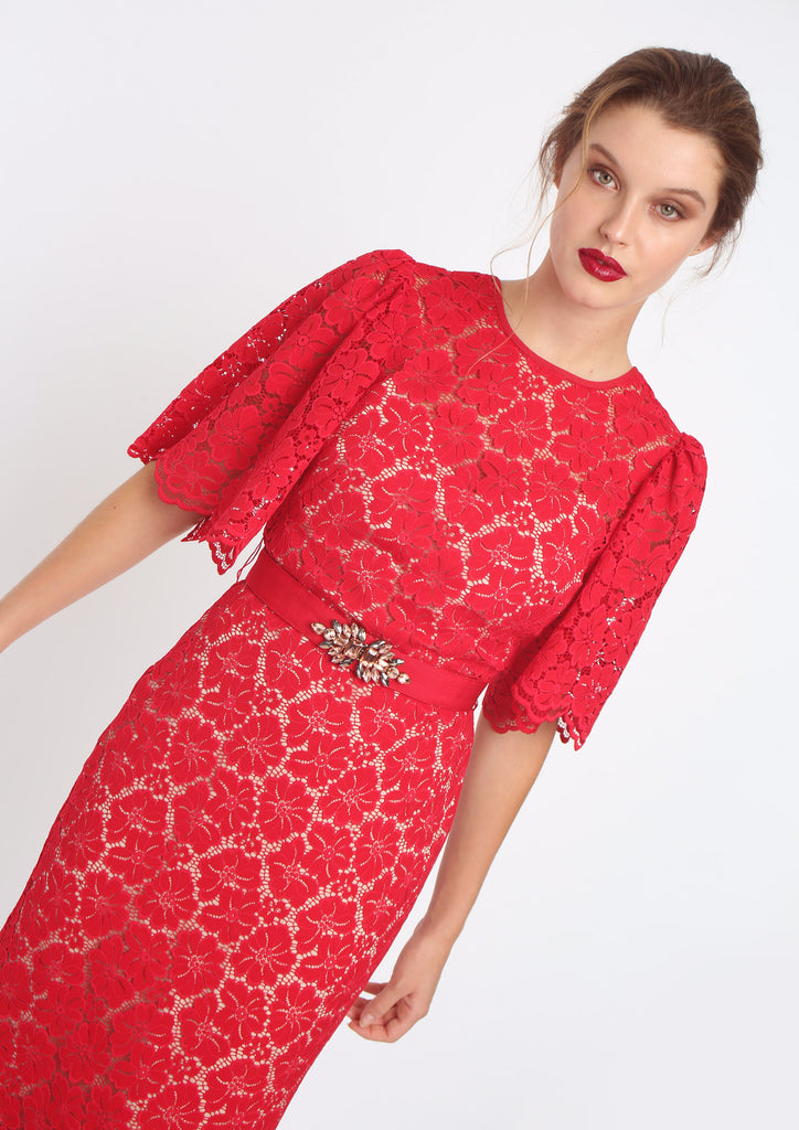 Red Lace Dress with Blush Satin Lining