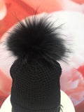 Black Waffle Merino Hat with Black Pom Pom