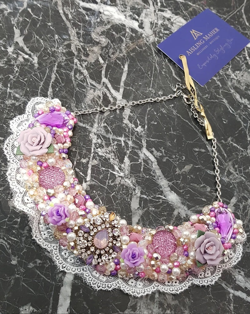 Small Collar - Lilac Pink & Pearl with White Lace