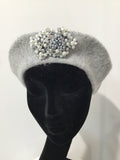 Grey Beret with Pearls & Flowers