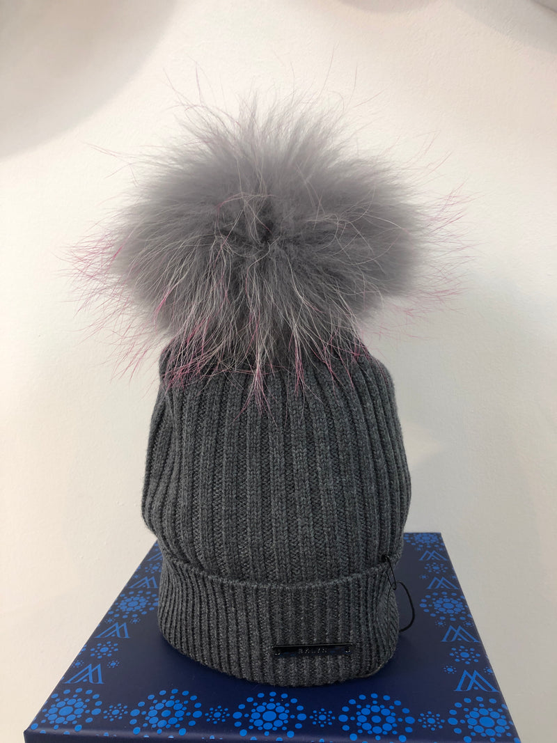 Charcoal Grey Merino Hat with Grey and Pink Pom Pom