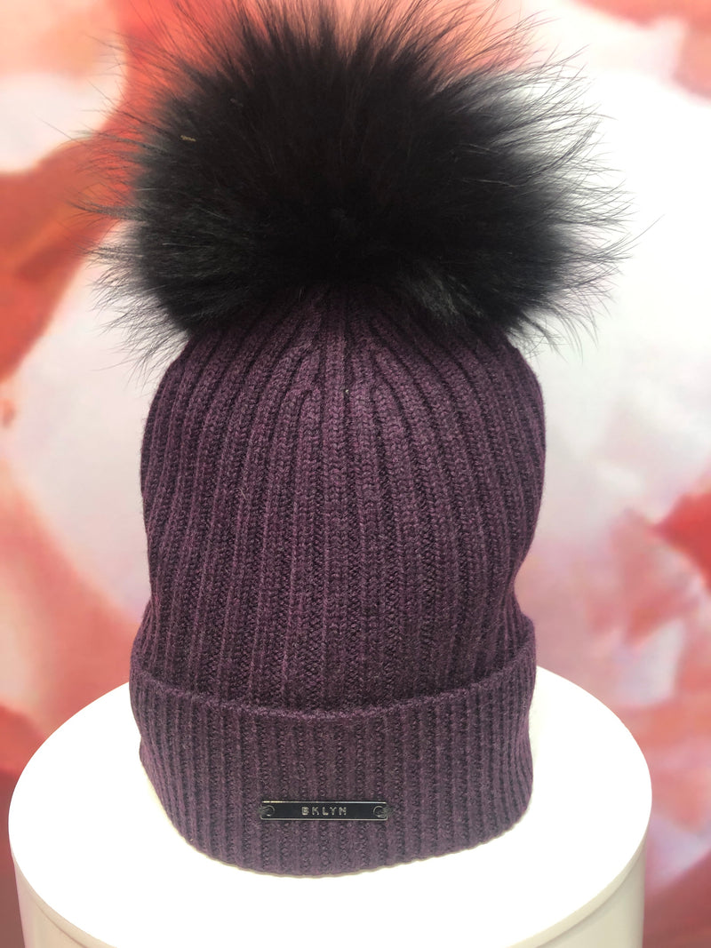 Mulberry Merino Hat with Black Pom Pom