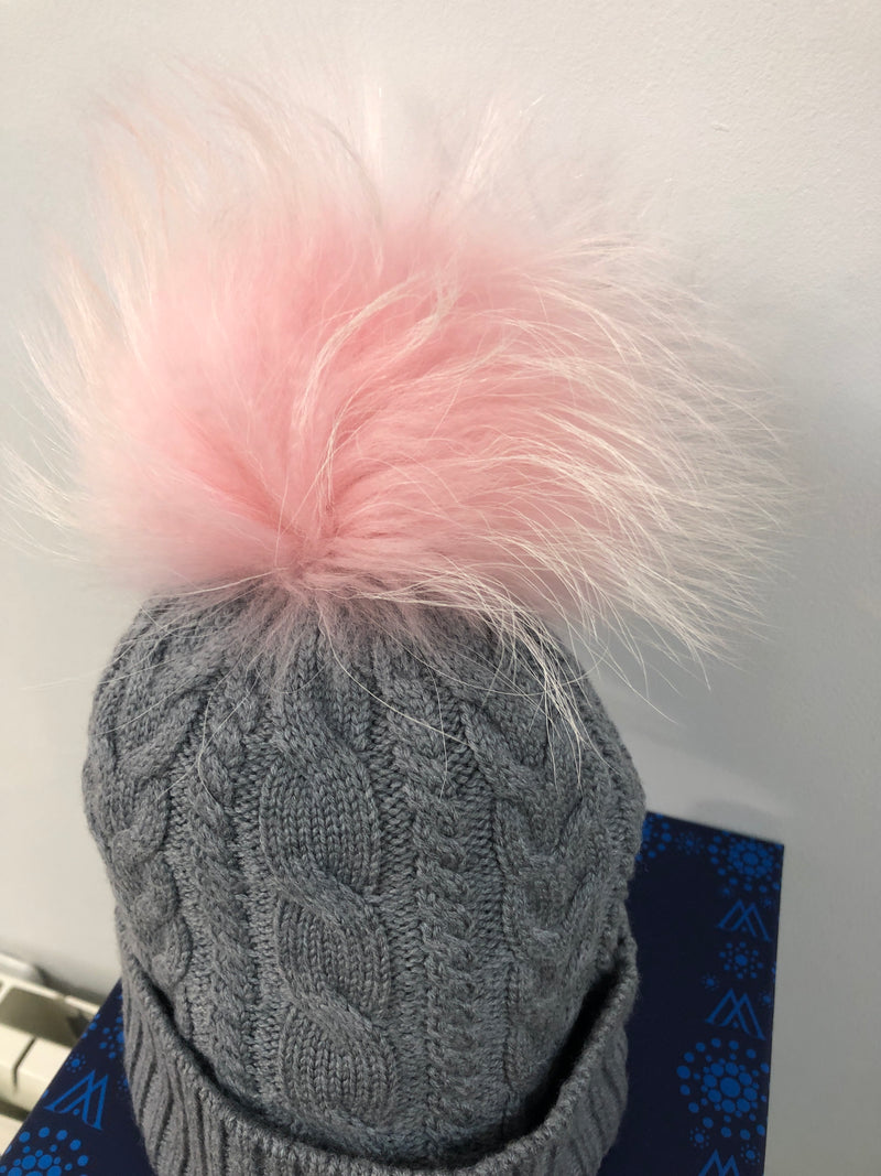 Charcoal Cable Merino Hat with Pink Pom Pom