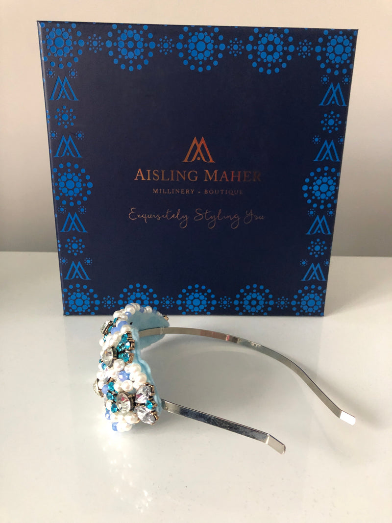 Plumeria Headpiece in Pearl Turquoise and Crystals