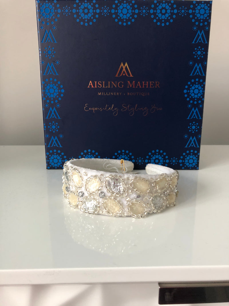 Coco Headpiece Embellished in Silver Cream and Silverthread Crystals