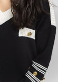 Black and Ivory V Neck Sweater with Gold Button Details